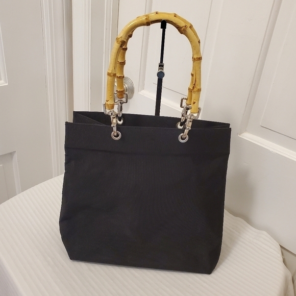 Sunny Hawaii Black Canvas Tote With Bamboo Handles, Lightweight, open top - Picture 1 of 10